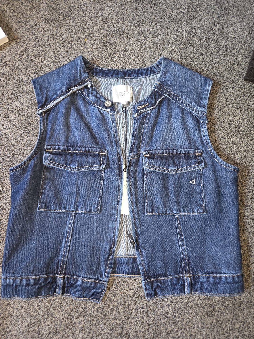 Denim Zip Front Vest in Dark Blue